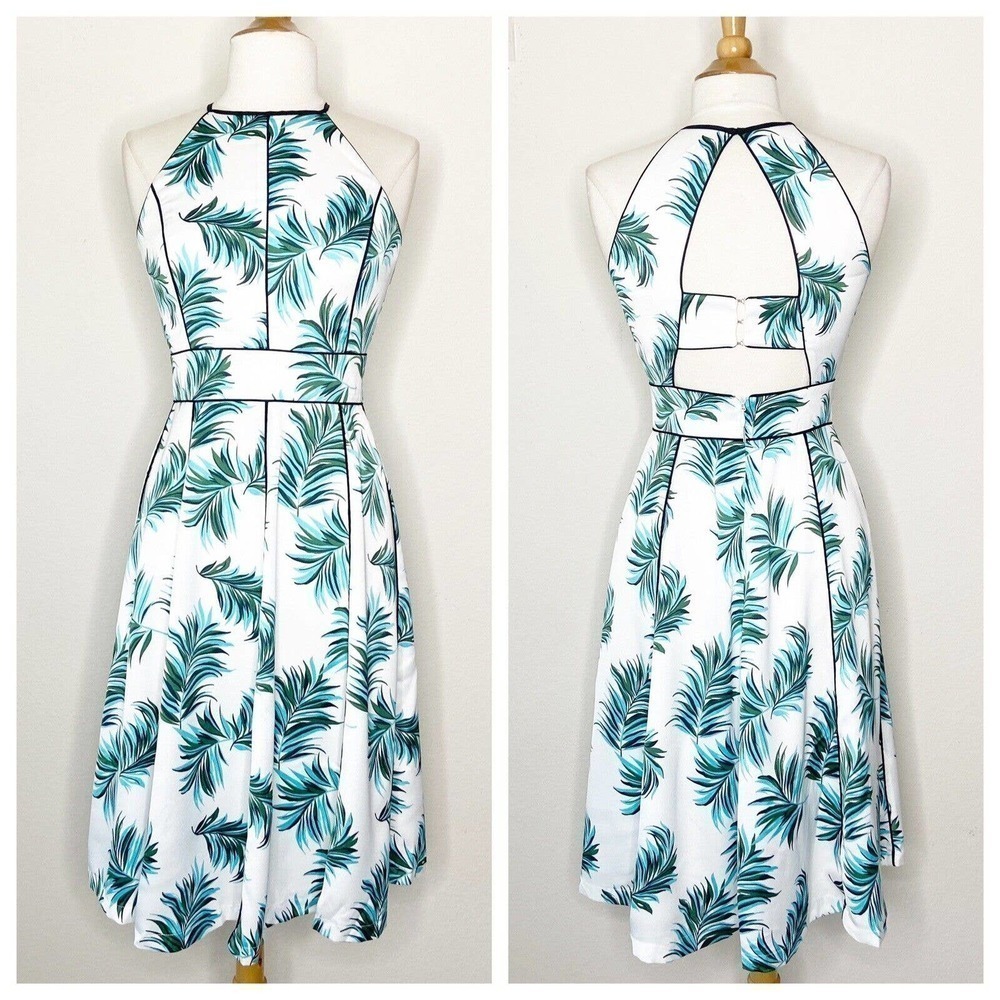 Adelyn Rae Palm Leaf Pattern Black Piping Back Cut Out White Halter Dress S